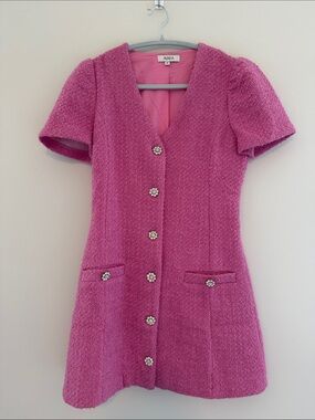 Pink Tweed Button-Front Shift Dress
